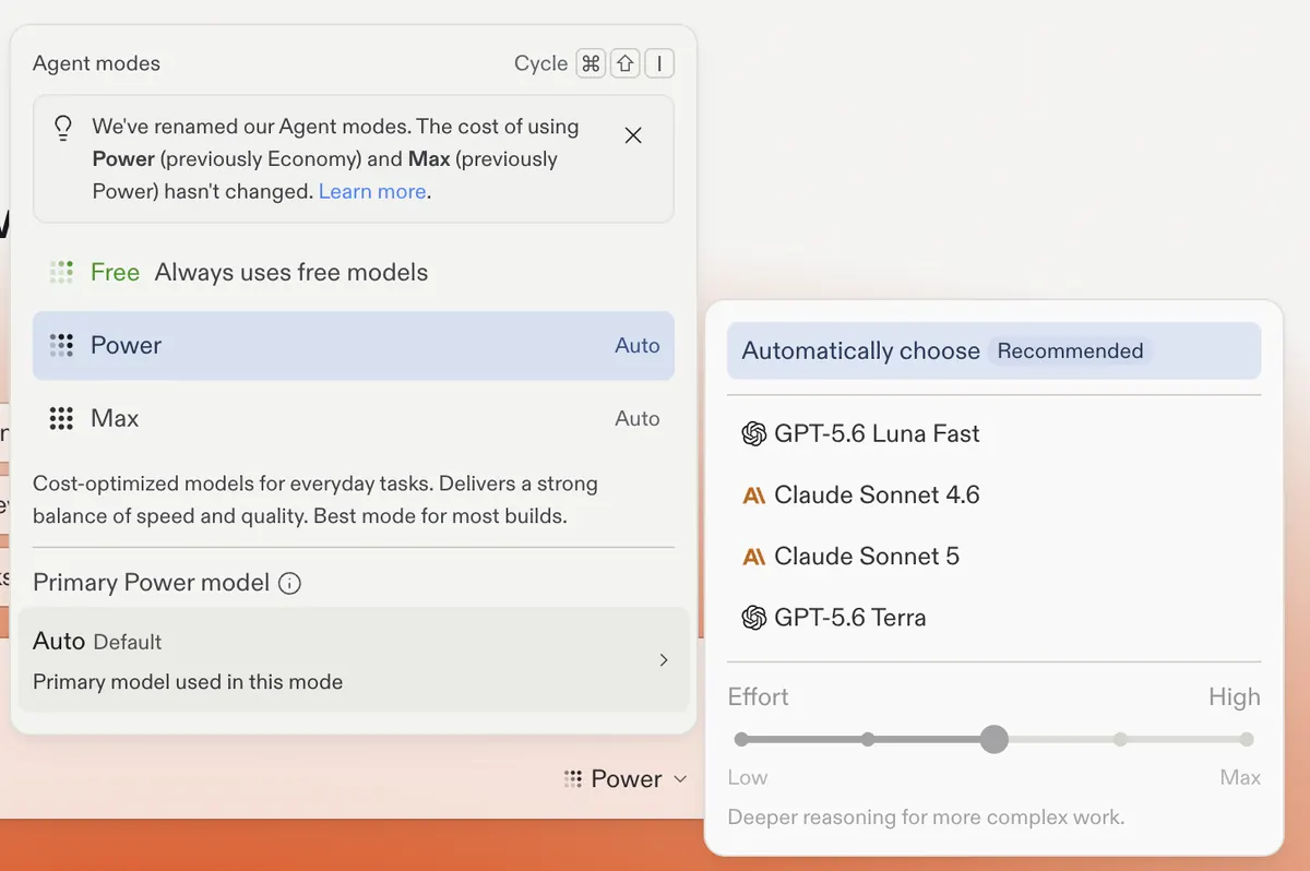 Seletor Agent modes do Replit com as opções Free, Power e Max, a lista de modelos do modo Power com escolha automática recomendada e o controle de esforço de Low a Max