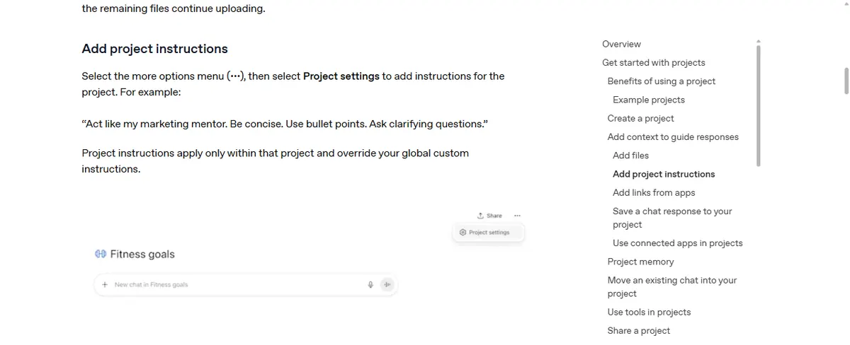 Página da central de ajuda da OpenAI com a seção Add project instructions, que manda abrir o menu de mais opções e Project settings e avisa que as instruções do projeto valem só dentro dele