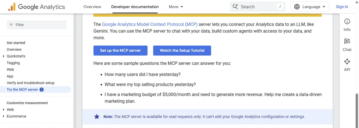 Página da documentação do Google Analytics sobre o servidor MCP, com exemplos de perguntas que ele responde e a nota de que o servidor só atende pedidos de leitura e não edita a configuração do Analytics