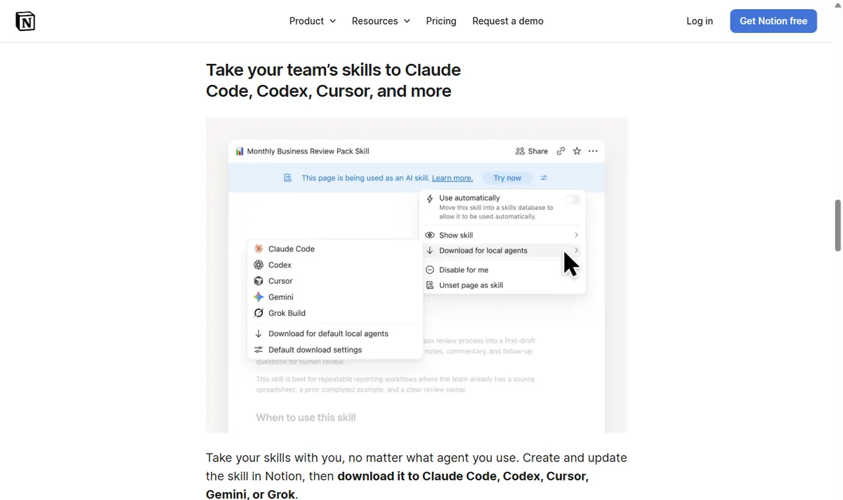 Página de novidades do Notion 3.7 com o menu de uma skill aberto na opção de baixar para agentes locais, que lista Claude Code, Codex, Cursor, Gemini e Grok Build