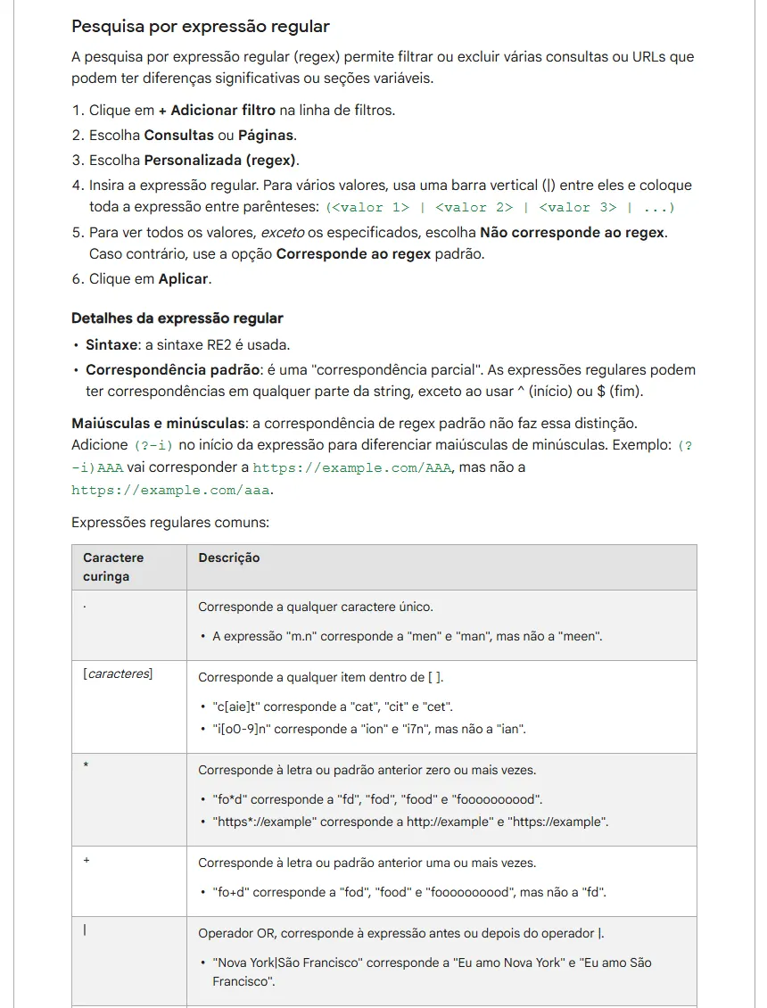 Trecho da Central de Ajuda do Search Console em português, seção Pesquisa por expressão regular. Seis passos numerados: clicar em Adicionar filtro, escolher Consultas ou Páginas, escolher Personalizada (regex), inserir a expressão com barras verticais entre os valores, escolher Não corresponde ao regex quando quiser excluir e clicar em Aplicar. Abaixo, os detalhes da sintaxe RE2 e o começo da tabela de caracteres curinga.