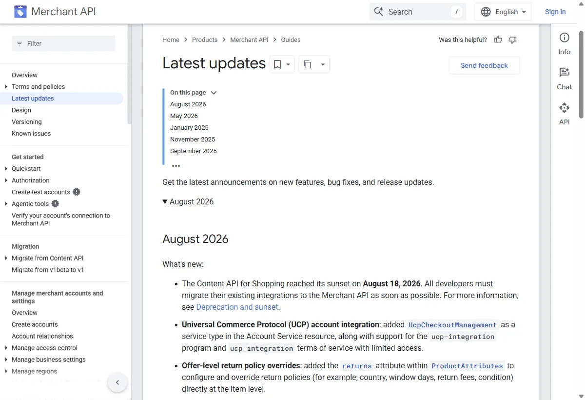 Página Latest updates da Merchant API, bloco August 2026: encerramento da Content API for Shopping em 18 de agosto de 2026, integração de conta com o Universal Commerce Protocol e o novo atributo returns em ProductAttributes para definir política de devolução no nível do item.