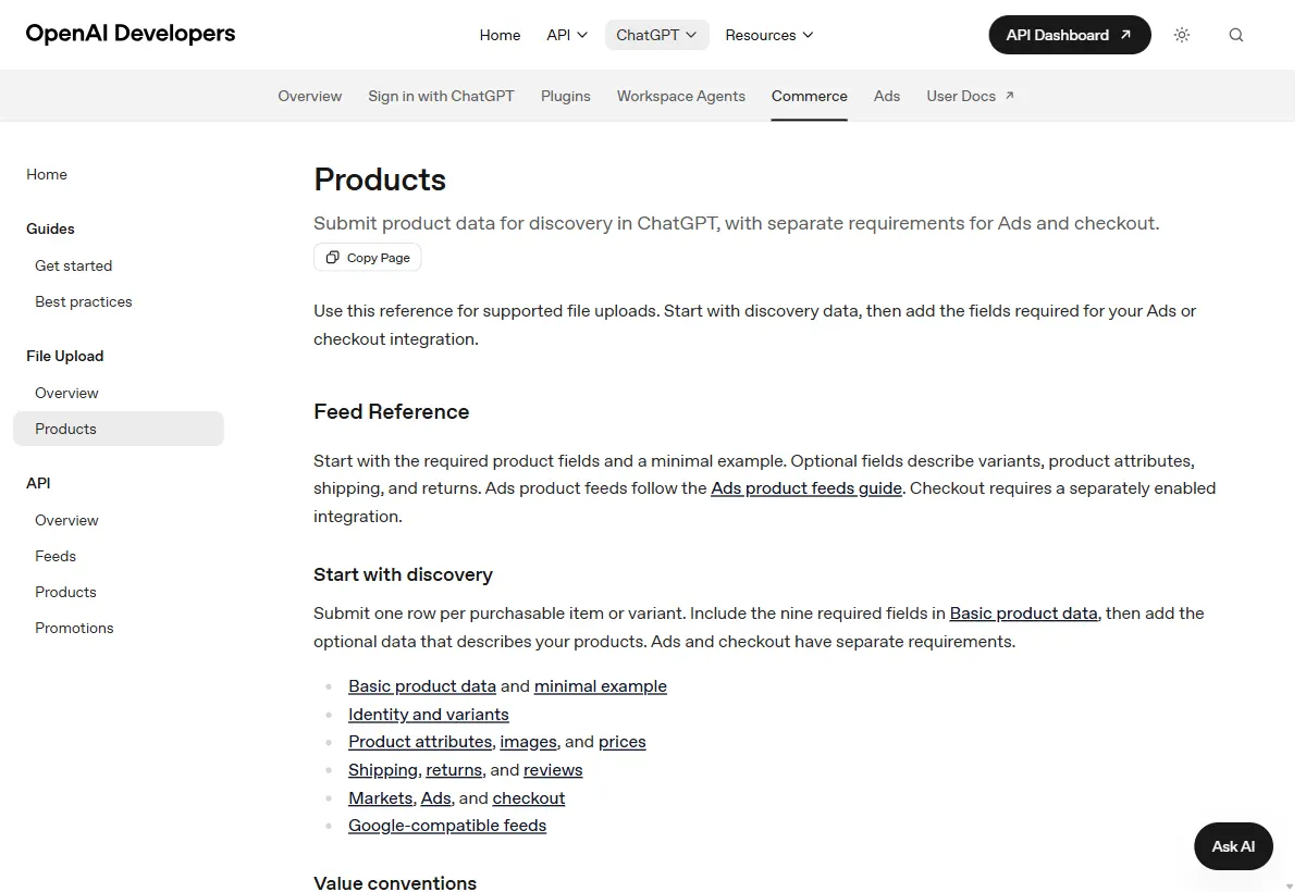 Página Products da documentação de Commerce da OpenAI: referência do feed de produtos para descoberta no ChatGPT, com a orientação de enviar uma linha por item ou variação comprável, incluir os nove campos obrigatórios de Basic product data e acrescentar dados opcionais de variantes, atributos, imagens, preços, frete, devoluções e avaliações.