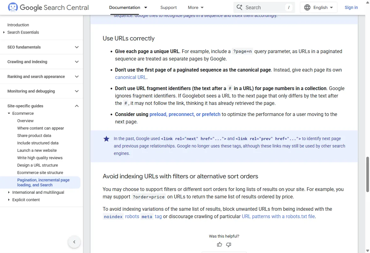 Guia de paginação do Google Search Central na seção Use URLs correctly: dar a cada página uma URL única, por exemplo com o parâmetro page; não usar a primeira página da sequência como canonical das demais; não usar fragmento de URL para número de página; e o aviso de que o Google não usa mais rel next e rel prev.