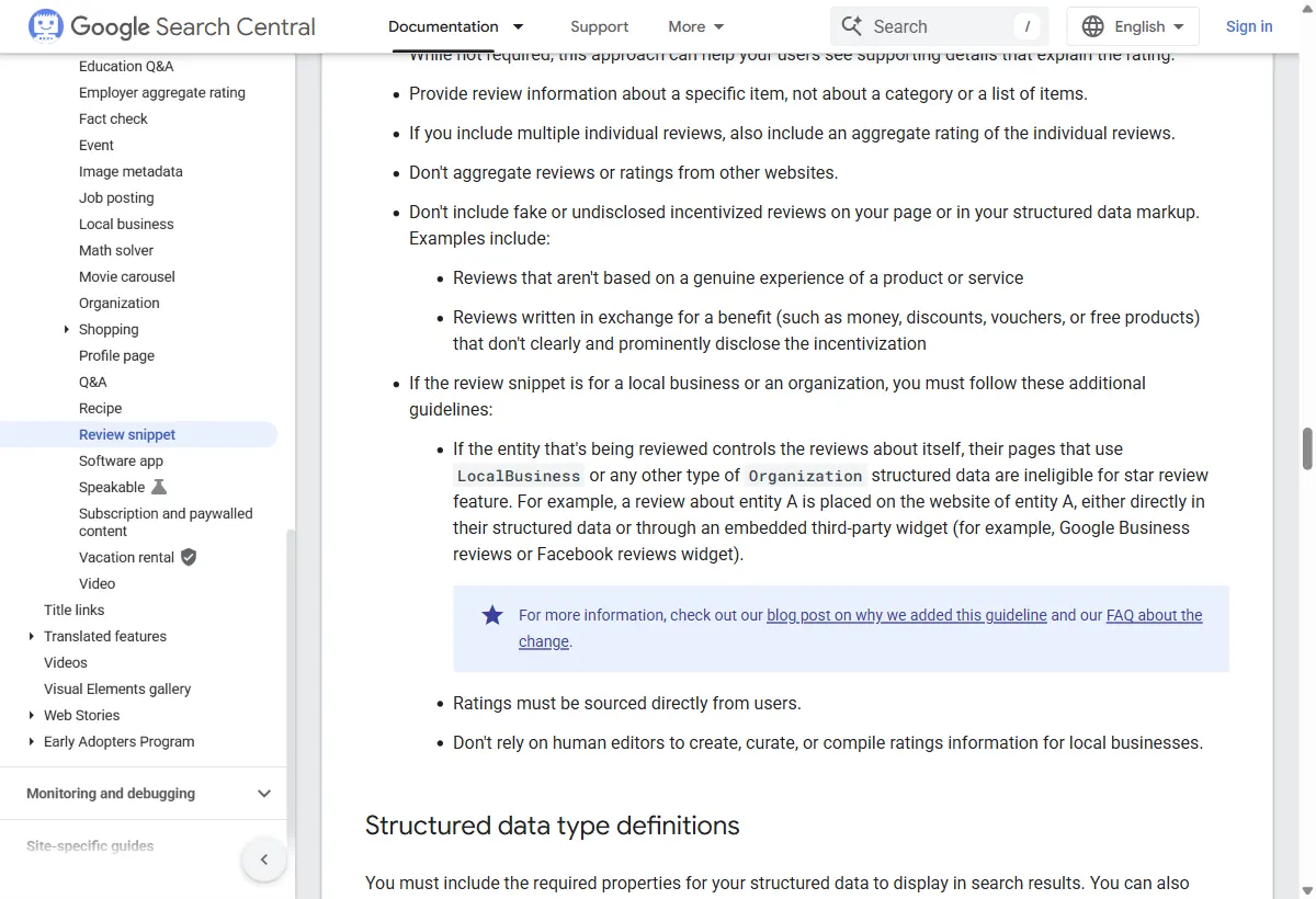 Diretrizes de review snippet no Google Search Central: não agregar avaliações de outros sites e não incluir avaliações falsas ou incentivadas sem aviso, com os exemplos de avaliação sem experiência real do produto e de avaliação escrita em troca de dinheiro, desconto, vale ou produto grátis sem divulgação clara.