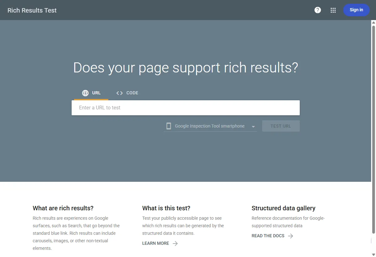 Tela inicial do Rich Results Test do Google, sem conta conectada: pergunta Does your page support rich results, abas URL e CODE, campo para informar o endereço da página, seletor de agente Google Inspection Tool smartphone e botão Test URL.