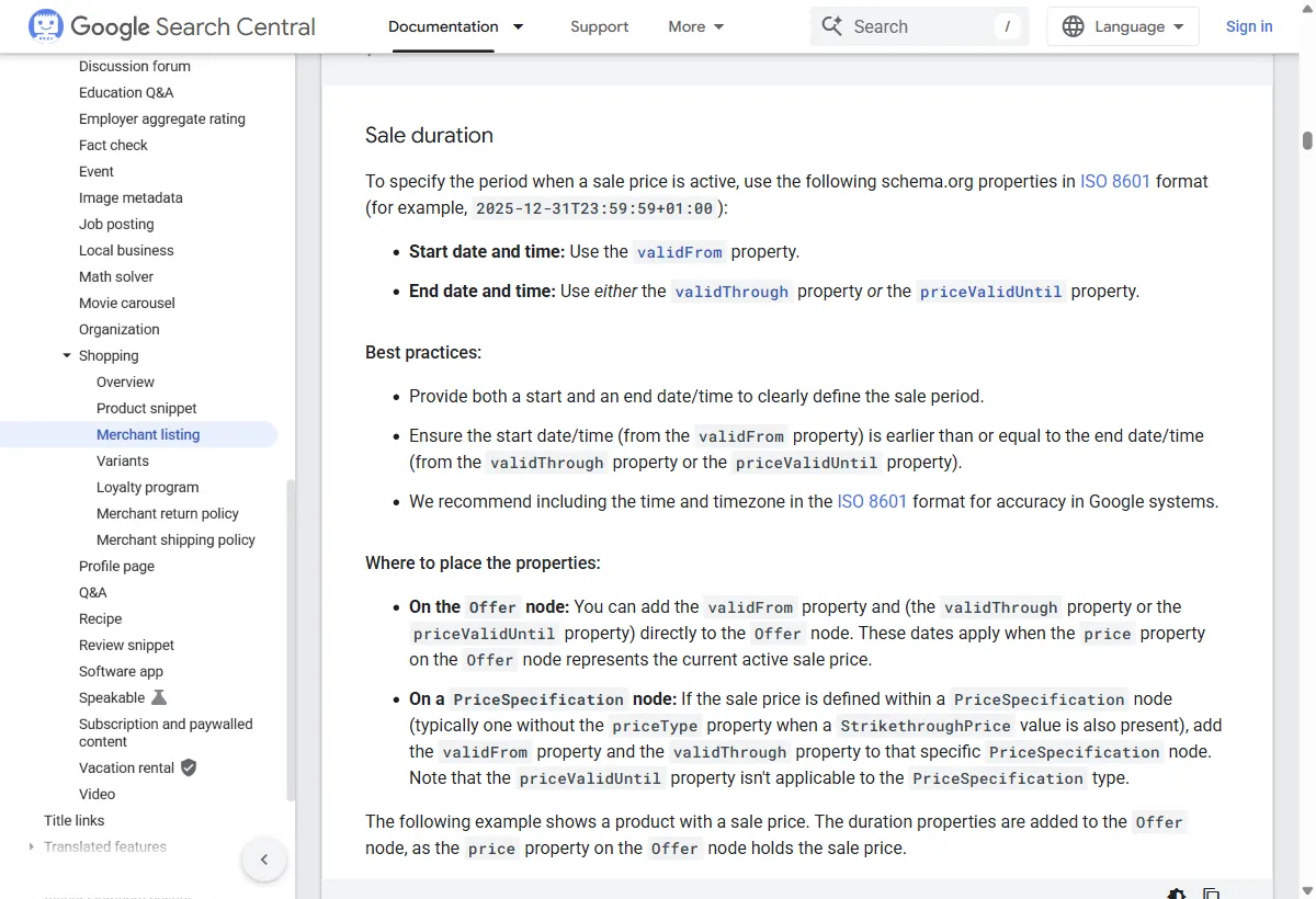 Página Merchant listing do Google Search Central aberta na seção Sale duration: início da oferta com validFrom, término com validThrough ou priceValidUntil, recomendação de informar as duas datas com hora e fuso em ISO 8601 e a orientação de onde colocar as propriedades, no nó Offer ou em um nó PriceSpecification.
