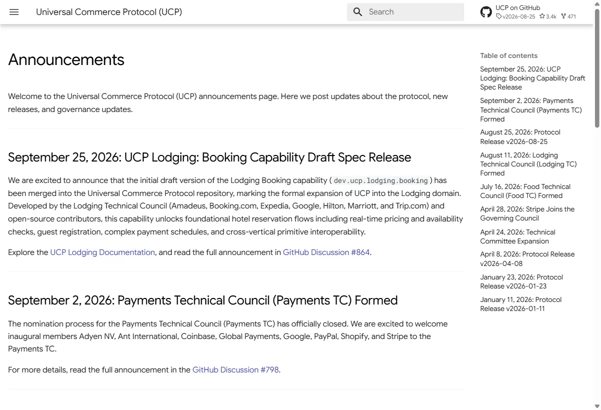Página Announcements do Universal Commerce Protocol: rascunho da capacidade de reserva de hospedagem em 25 de setembro de 2026, formação do conselho técnico de pagamentos em 2 de setembro com Adyen, Ant International, Coinbase, Global Payments, Google, PayPal, Shopify e Stripe, e a lista de versões do protocolo, incluindo a v2026-08-25.