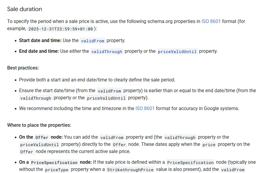 Seção Sale duration da documentação de ficha de comerciante do Google, com validFrom para início, validThrough ou priceValidUntil para fim, formato ISO 8601 e as boas práticas de informar início, fim, hora e fuso