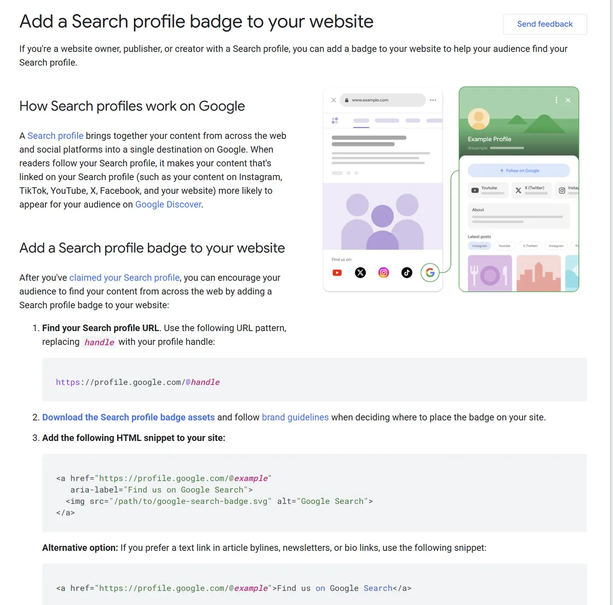Página Add a Search profile badge to your website da documentação do Google, com a explicação de como o perfil de busca reúne conteúdo do site e das redes, a ilustração de um site com o selo levando ao perfil e os passos com o endereço profile.google.com e o trecho de HTML do selo