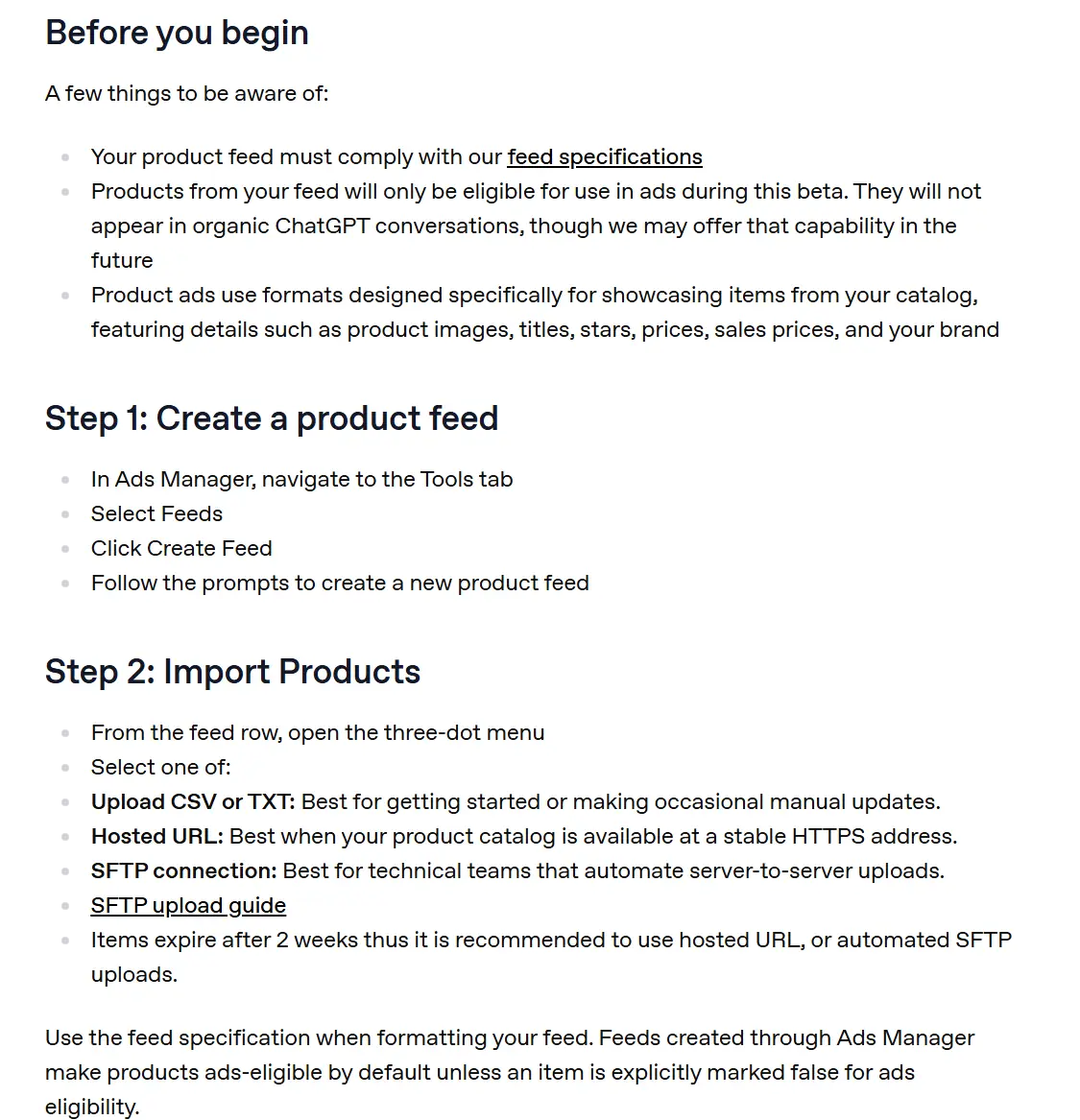 Trecho da central de ajuda da OpenAI sobre campanhas a partir de feed de produtos, com o aviso de que os produtos do feed só servem a anúncios na fase beta, o passo 1 (Tools, Feeds, Create Feed) e o passo 2 com as opções de importação Upload CSV or TXT, Hosted URL e SFTP, e a validade de duas semanas dos itens
