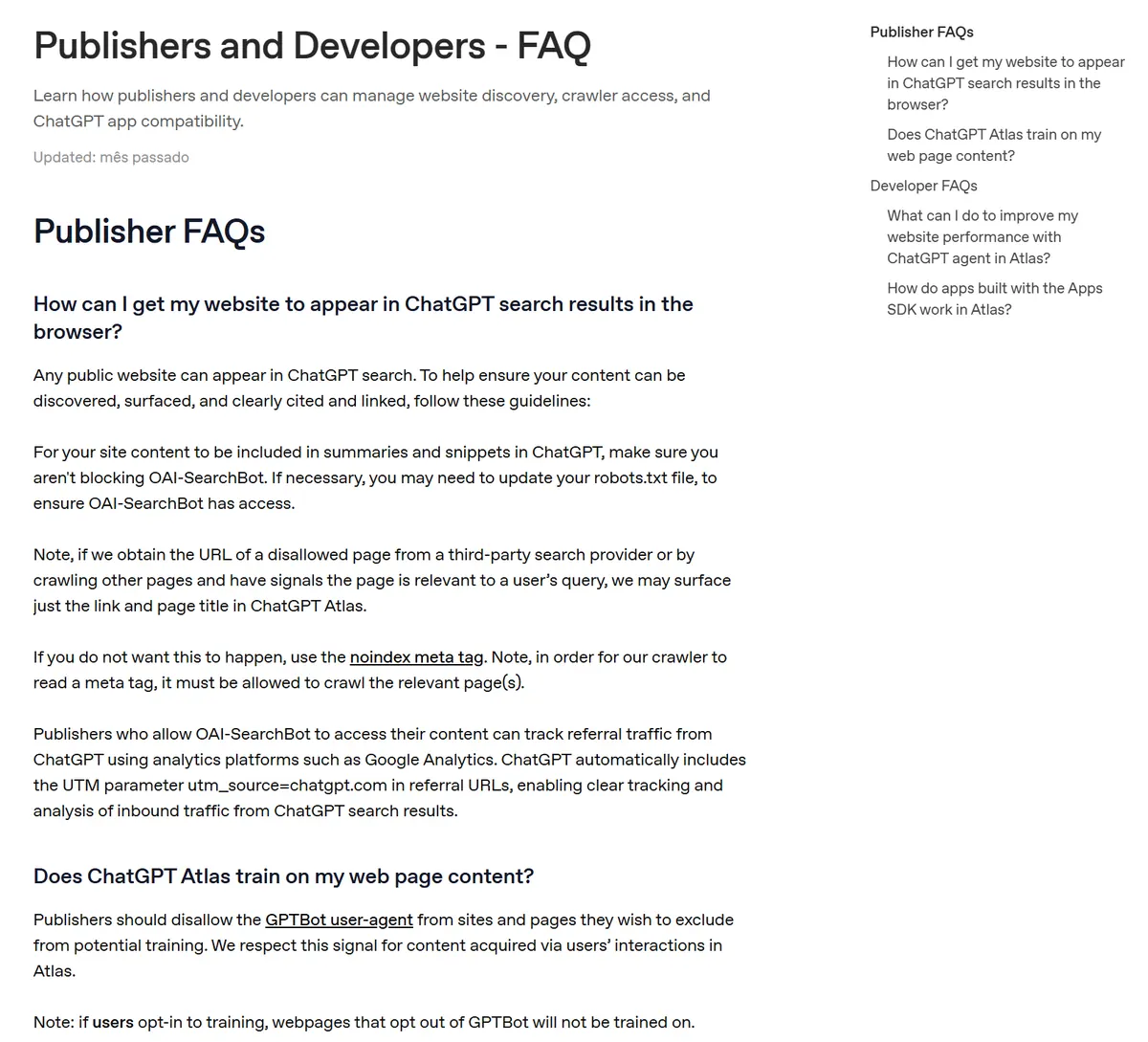 Página Publishers and Developers FAQ da central de ajuda da OpenAI, com a orientação de não bloquear o OAI-SearchBot, a nota sobre noindex para página bloqueada que ainda aparece como link e o parágrafo que informa o parâmetro utm_source=chatgpt.com nos links de referência