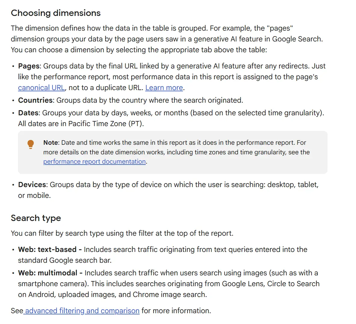 Trecho da ajuda do Search Console sobre o relatório de IA generativa, com as dimensões Pages, Countries, Dates e Devices e a seção Search type, que separa Web: text-based de Web: multimodal (Google Lens, Circle to Search, imagem enviada e busca por imagem do Chrome)