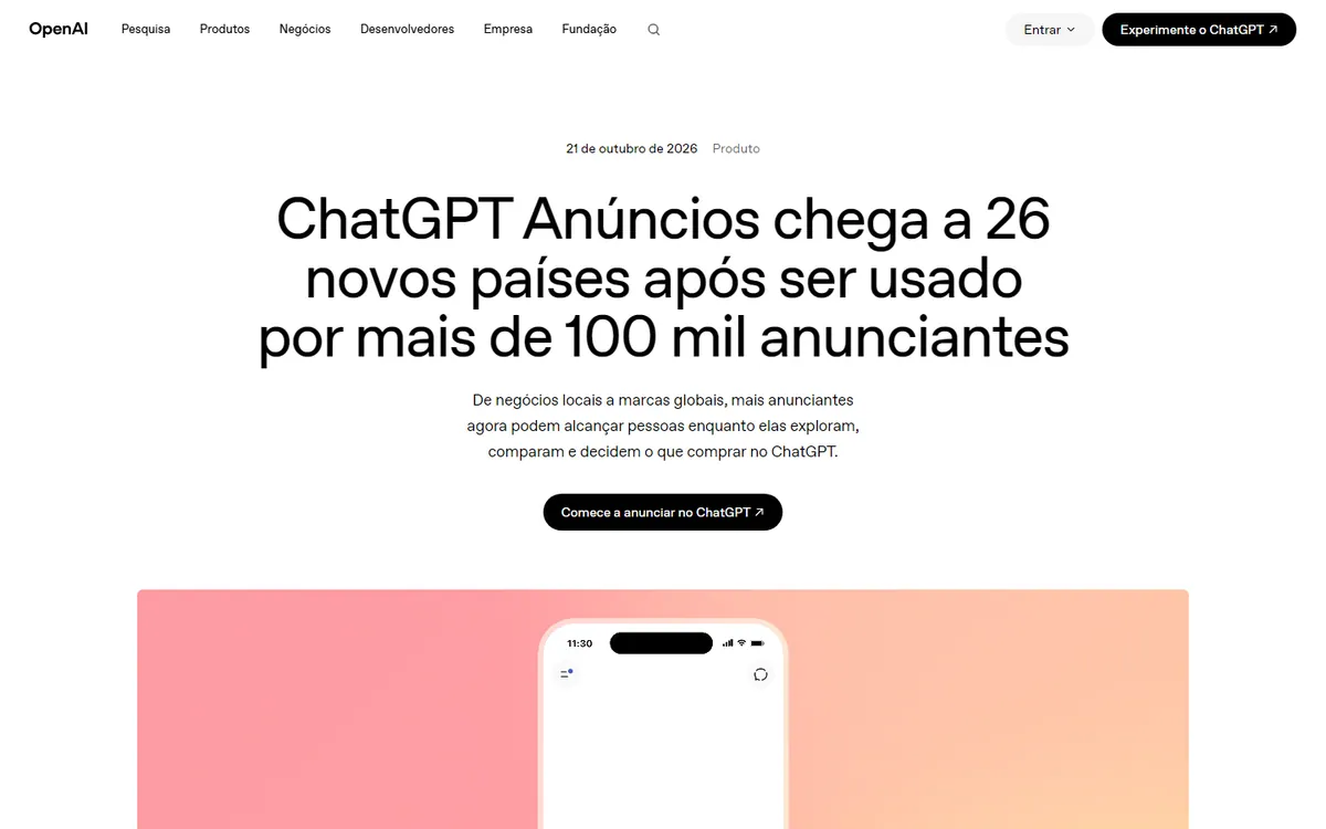 Topo do post da OpenAI datado de 21 de outubro de 2026, com o título ChatGPT Anúncios chega a 26 novos países após ser usado por mais de 100 mil anunciantes e o botão Comece a anunciar no ChatGPT.