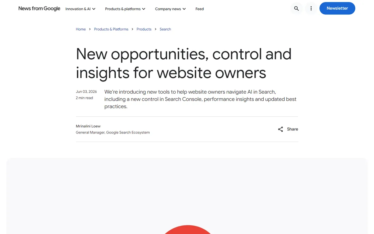 Post do blog oficial do Google de 3 de junho de 2026, título New opportunities, control and insights for website owners, assinado pela gerente-geral do ecossistema da Busca, anunciando novo controle no Search Console e dados de desempenho.