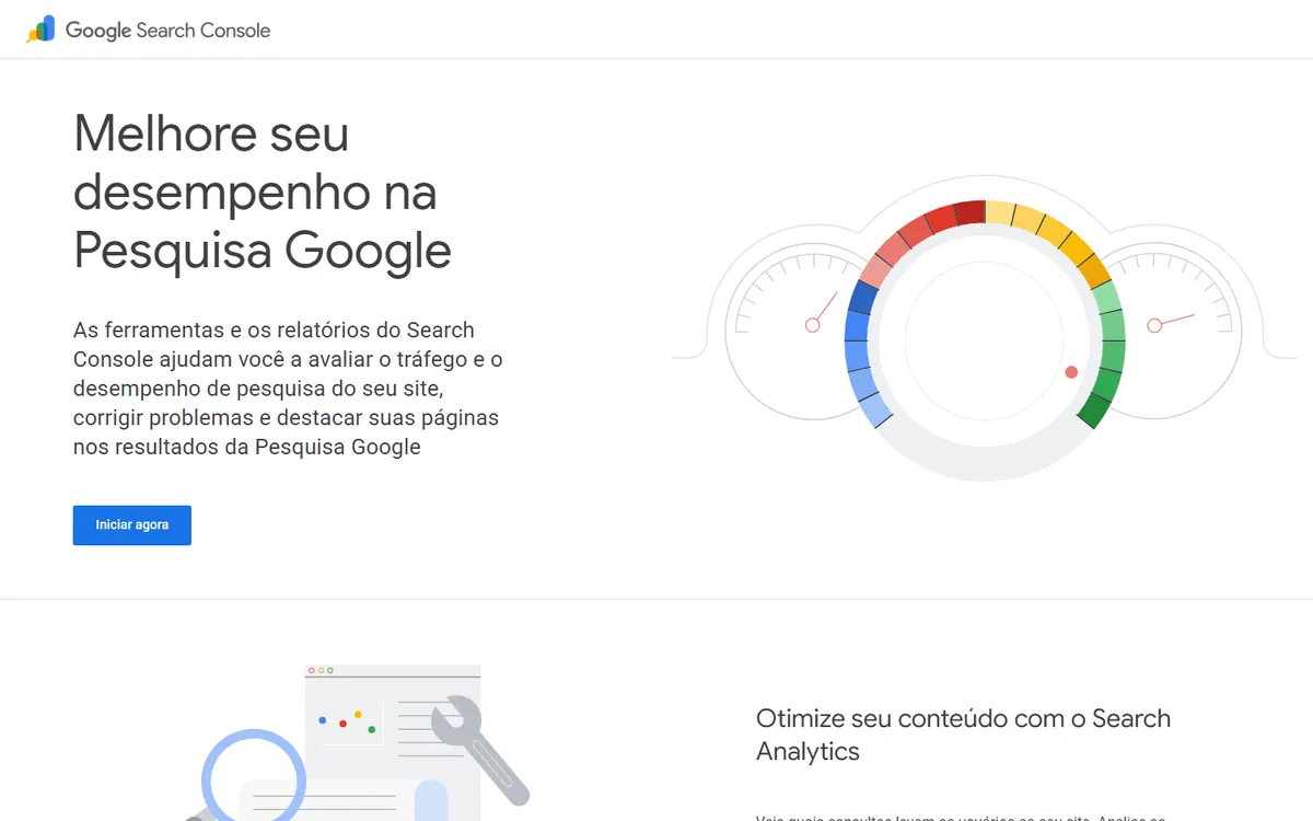 Página pública do Google Search Console com o título Melhore seu desempenho na Pesquisa Google, o texto explicando que as ferramentas avaliam tráfego e desempenho e o botão Iniciar agora.