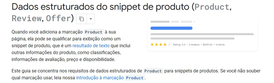 Página do Google Search Central em português, intitulada Dados estruturados do snippet de produto, com Product, Review e Offer, a explicação de que a marcação pode qualificar a página para um resultado com classificação, preço e disponibilidade, e uma ilustração de resultado com estrelas, preço e a indicação em estoque.