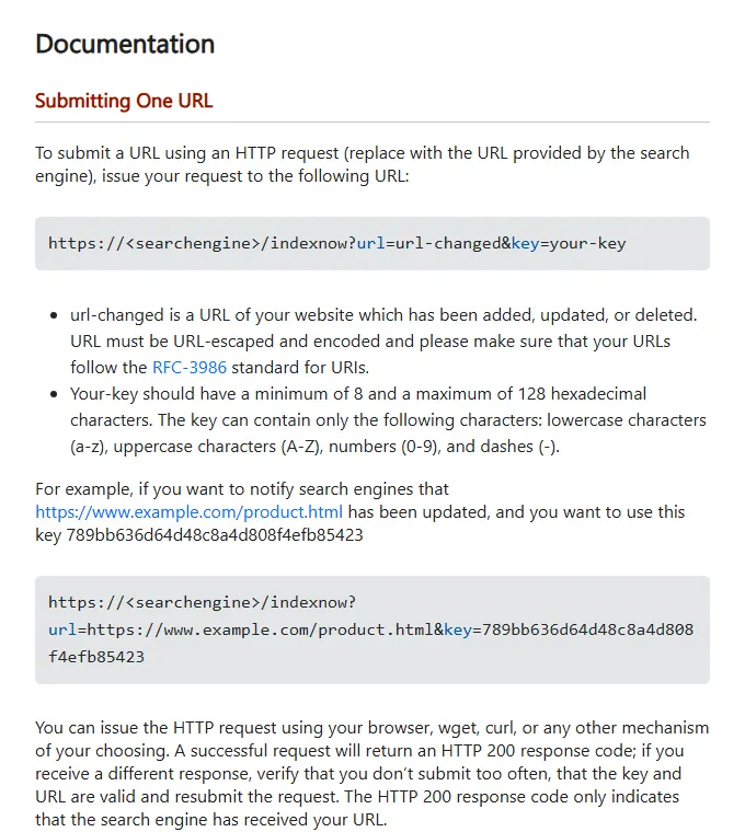 Página de documentação do IndexNow, em inglês, na seção Submitting One URL, com o modelo de endereço indexnow com os parâmetros url e key, a regra de que a chave tem entre 8 e 128 caracteres hexadecimais e o aviso de que a resposta 200 só confirma o recebimento.