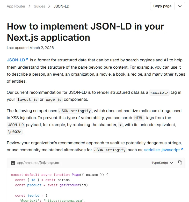 Guia oficial do Next.js em inglês, intitulado How to implement JSON-LD in your Next.js application, na versão 16.3.8, com a recomendação de renderizar o JSON-LD numa tag script no layout ou na página, o aviso sobre injeção de código com JSON.stringify e o início do exemplo em app/products/[id]/page.tsx.