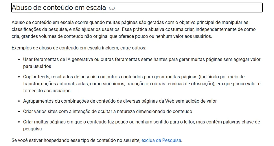 Seção Abuso de conteúdo em escala da página de políticas de spam do Google Search Central, em português, com a definição e os cinco exemplos: IA generativa sem agregar valor, cópia de feeds e resultados com transformações automáticas, combinação de páginas sem valor, vários sites para ocultar a escala e páginas sem sentido com palavras-chave.