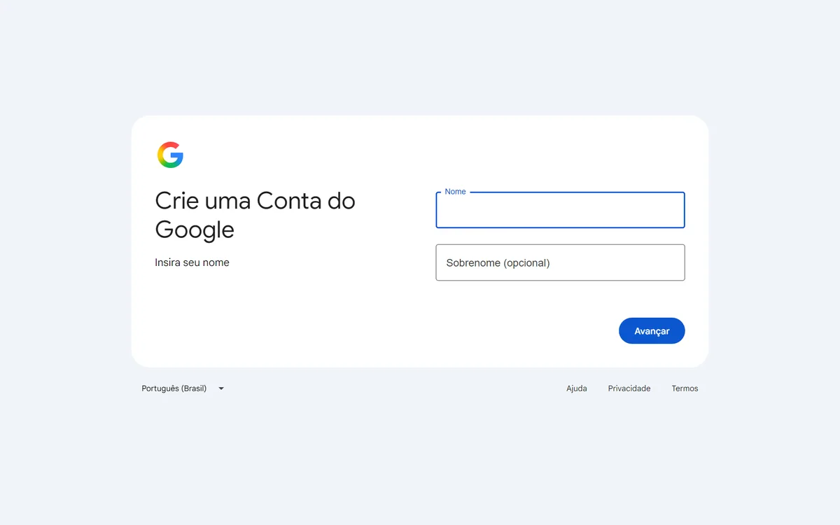 Primeira tela do cadastro do Google em português: título Crie uma Conta do Google, a instrução Insira seu nome, os campos Nome e Sobrenome (opcional) e o botão azul Avançar.