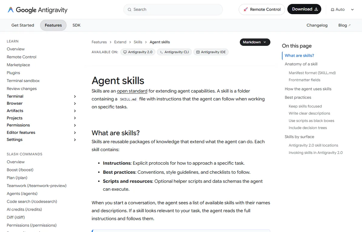 Página oficial Agent skills da documentação do Google Antigravity, indicando disponibilidade no Antigravity 2.0, no Antigravity CLI e no Antigravity IDE e a lista de comandos de barra no menu lateral