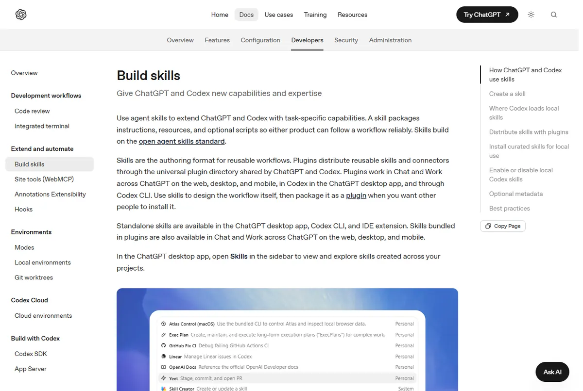 Página Build skills da documentação do Codex, explicando que skills seguem o padrão aberto e que plugins distribuem skills no ChatGPT e no Codex, com ilustração do seletor de skills