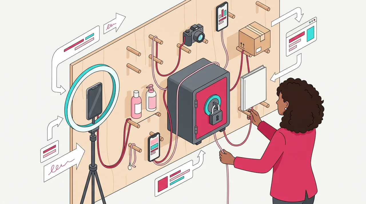 Mulher pendura objetos num painel de ganchos de madeira, um celular, um frasco sem rótulo, uma câmera e uma caixa, todos presos por cordões a um cofre central com cadeado.