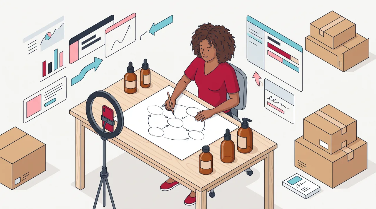 Fundadora de uma marca de cosméticos desenha numa folha, sobre a mesa de trabalho, seis círculos ligados por setas, cercada de frascos sem rótulo, caixas de envio e um celular vertical num tripé.