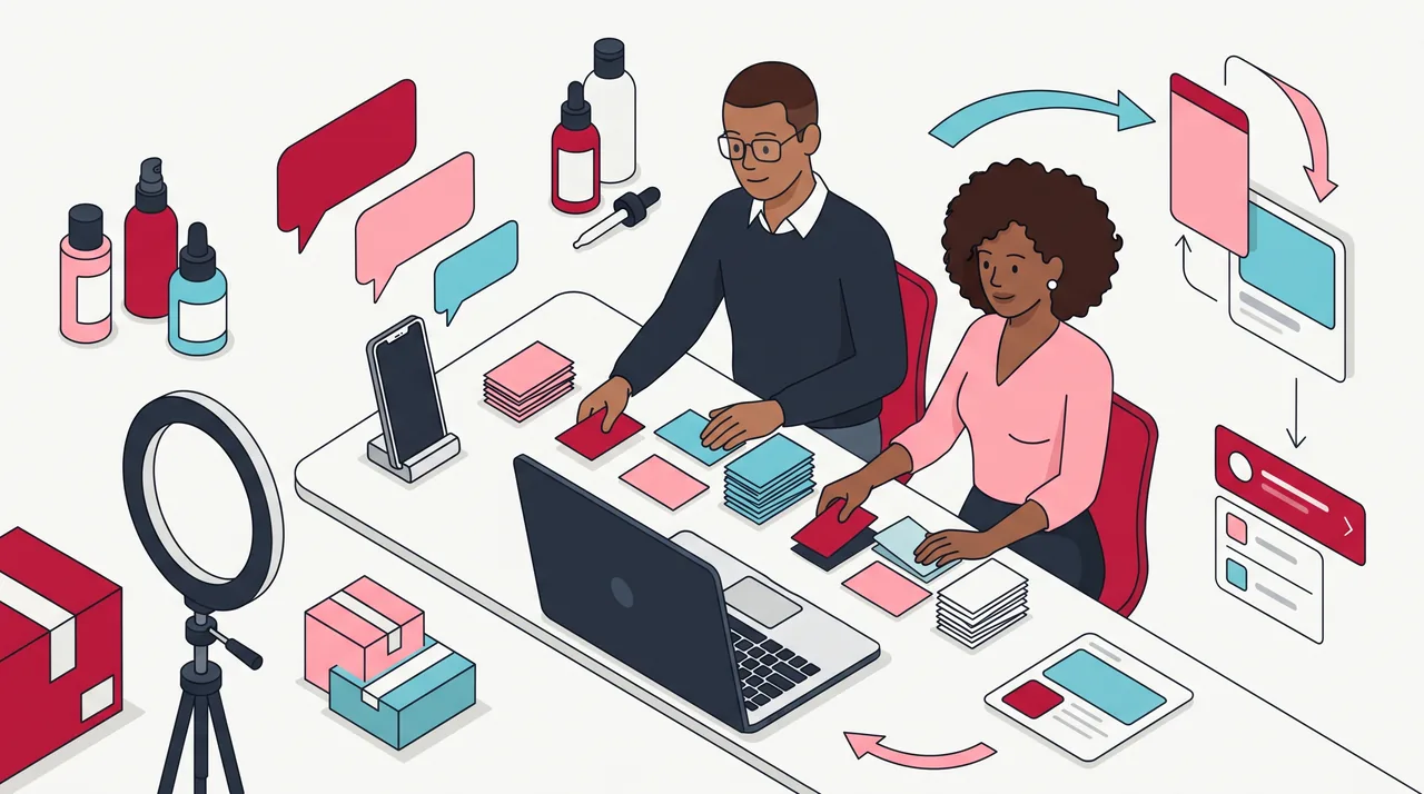 Duas pessoas de uma equipe de cosméticos organizam em pilhas cartões de papel coloridos e sem escrita, com um notebook e um celular vertical sobre a mesa e balões de fala abstratos no ar.