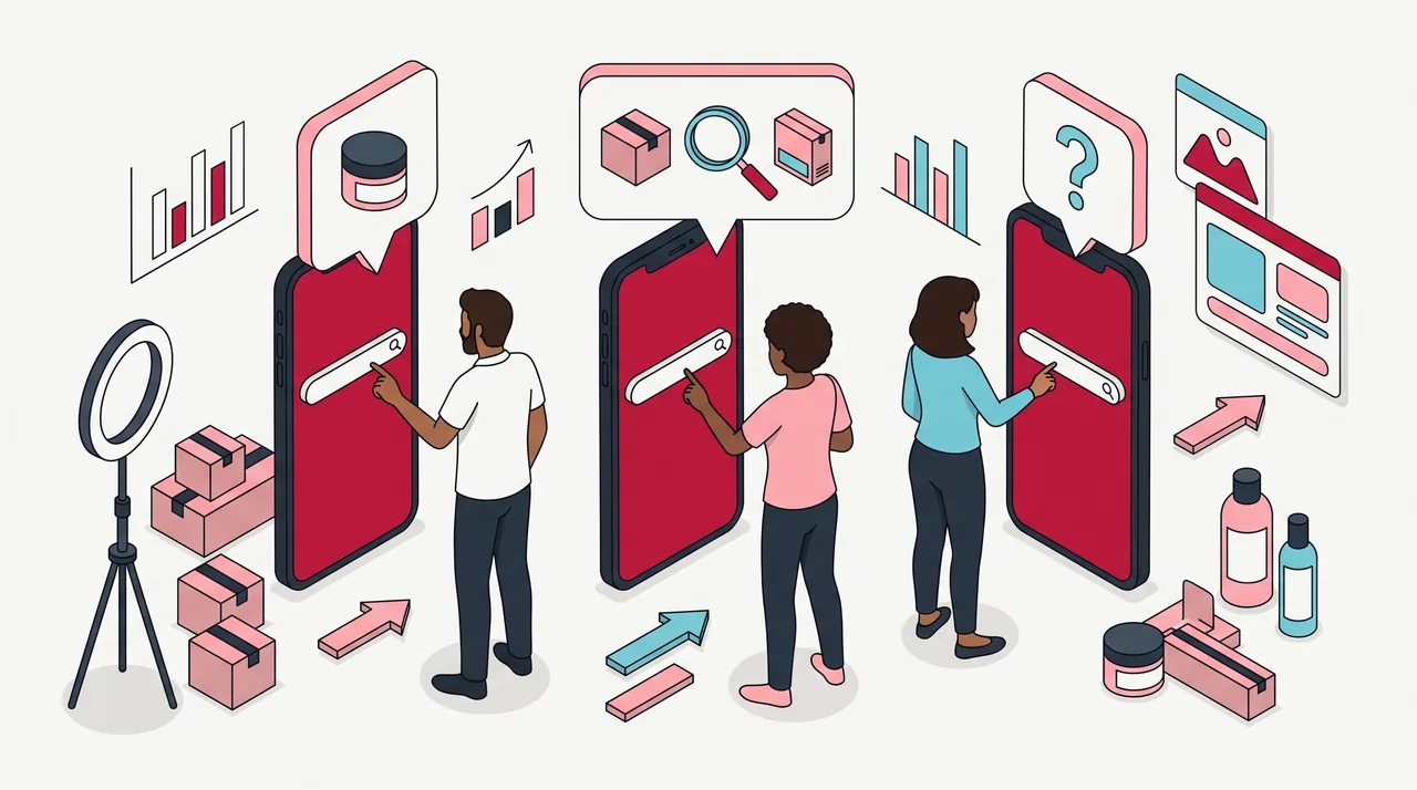 Três pessoas digitam em celulares verticais e de cada tela sai um balão com um ícone: um frasco sem rótulo, uma lupa entre dois produtos e um ponto de interrogação.
