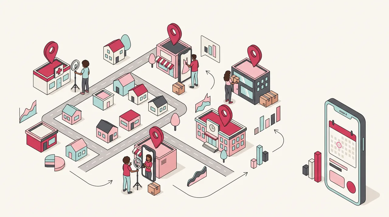 Mapa de bairro com alfinetes sobre clínica, salão, academia e escola sem letreiros, e um celular vertical com um calendário abstrato e uma data circulada.