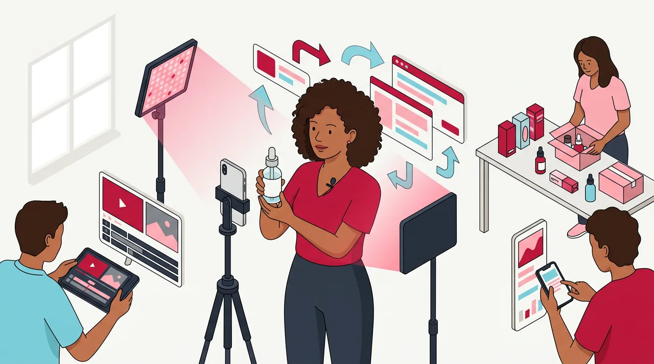 Apresentadora grava perto de uma janela segurando um frasco sem rótulo diante de um celular vertical no tripé, com painel de LED e microfone de lapela.