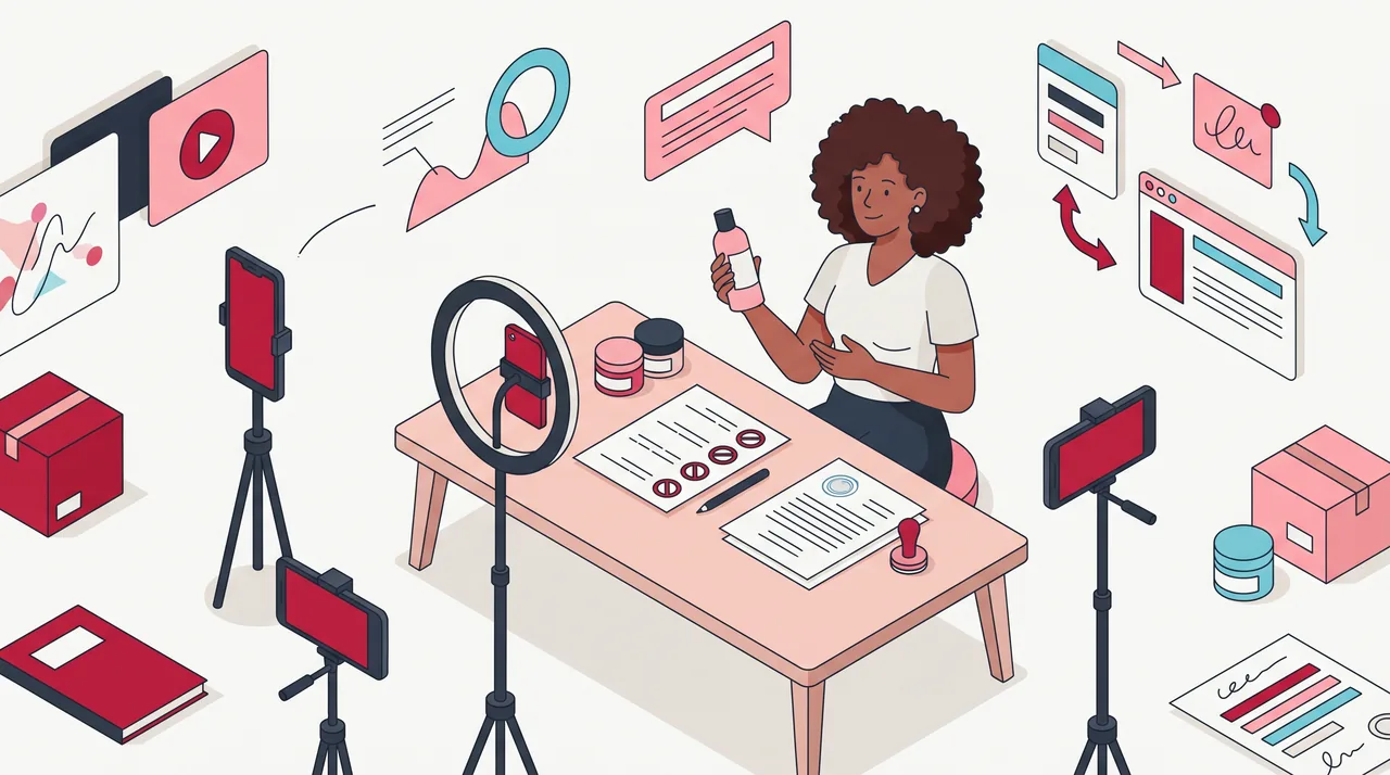 Criadora grava em casa com ring light segurando um frasco sem rótulo, com uma folha de briefing de linhas abstratas e um contrato carimbado sobre a mesa.
