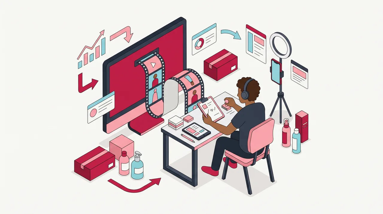 Máquina gera quadros de vídeo verticais em fita e um revisor com fones confere cada quadro numa mesa, com prancheta de marcações abstratas e um carimbo ao lado.