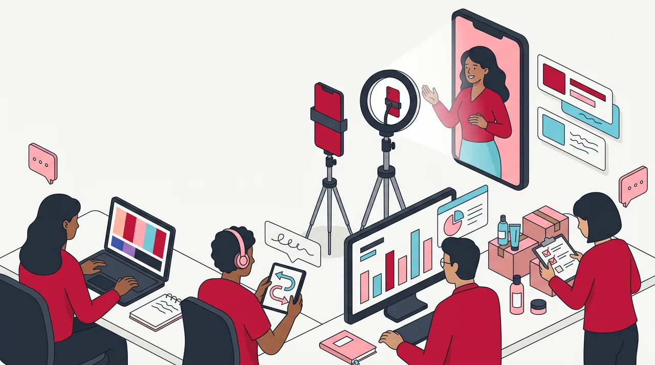 Bastidor de uma transmissão com moderadora no notebook, produtor com fone e tablet, analista diante de monitor com barras abstratas e alguém conferindo caixas, e a apresentadora iluminada ao fundo.