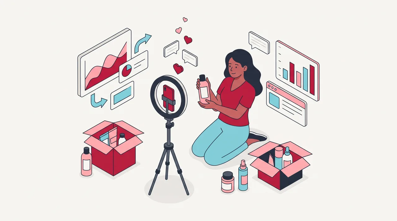 Jovem apresentadora mostra um frasco sem rótulo para um celular vertical com ring light, enquanto corações e balões de comentário sem texto sobem pela lateral.