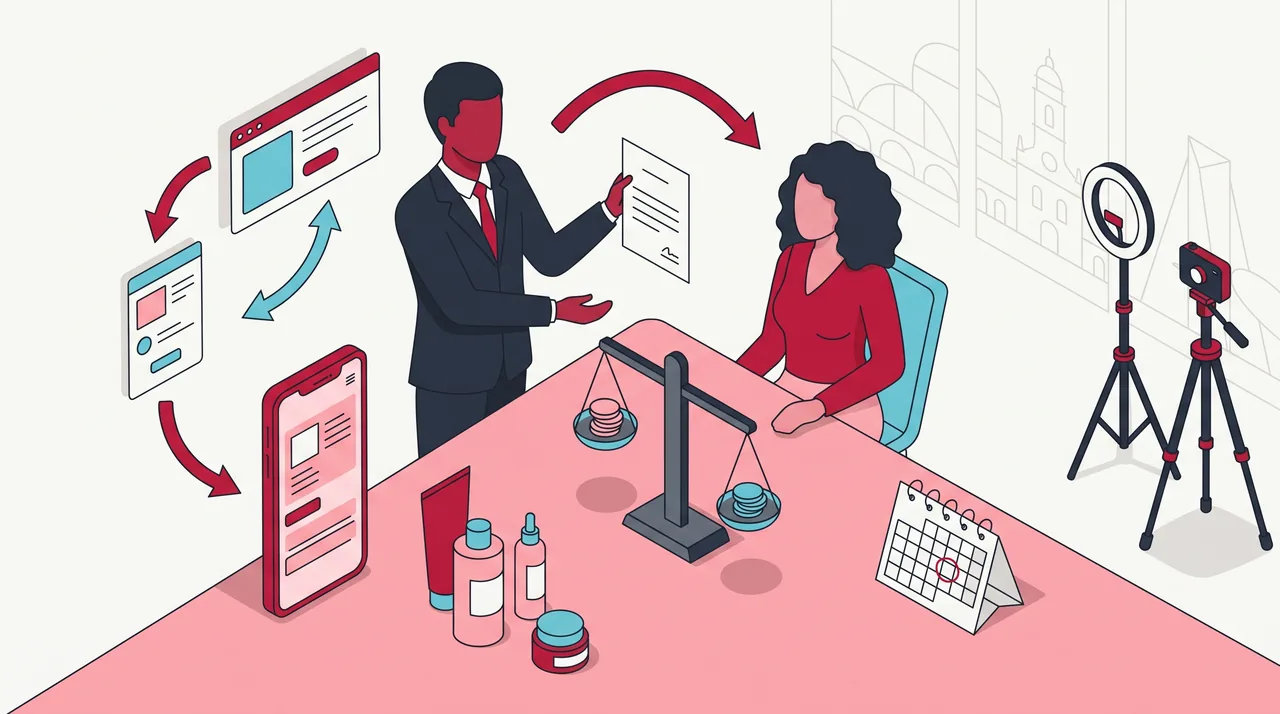 Gestor apresenta à dona da empresa um documento curto e uma balança de pratos com moedas equilibradas, numa mesa de reunião com celular vertical, frascos sem rótulo e calendário de mesa.