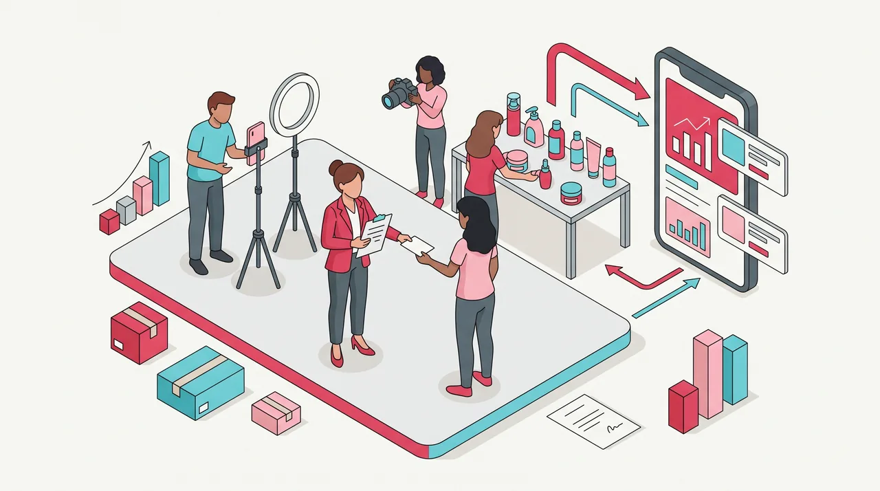 Equipe de um estúdio contratado monta câmera, ring light e bancada de cosméticos, enquanto a dona da marca revisa um contrato numa prancheta e entrega um crachá de acesso.