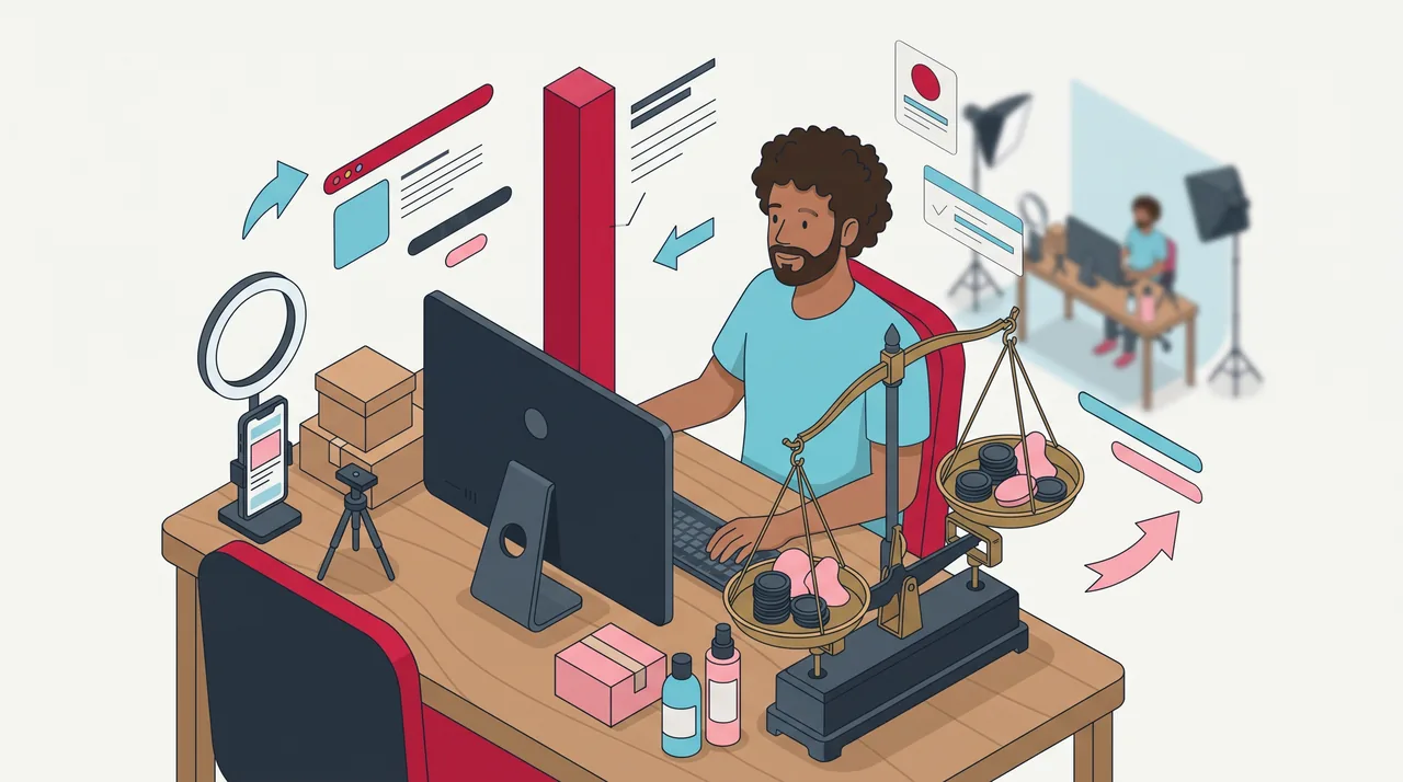 Gestor de mídia compara um monitor com uma barra muito alta a uma balança de pratos com moedas quase equilibradas, sobre a mesa diante de um estúdio de LIVE com ring light.