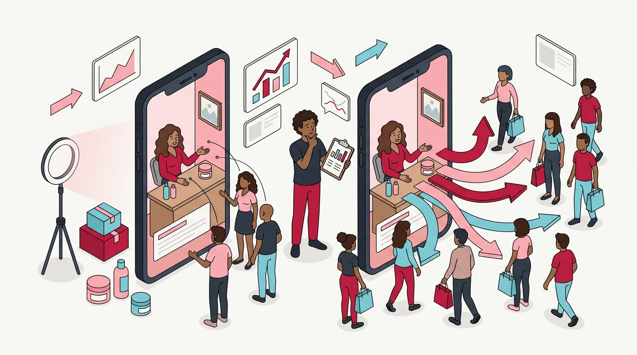 Duas salas de LIVE lado a lado em celulares verticais, uma com poucas pessoas estilizadas e outra com mais gente entrando por setas de fluxo, observadas por um gestor com prancheta.