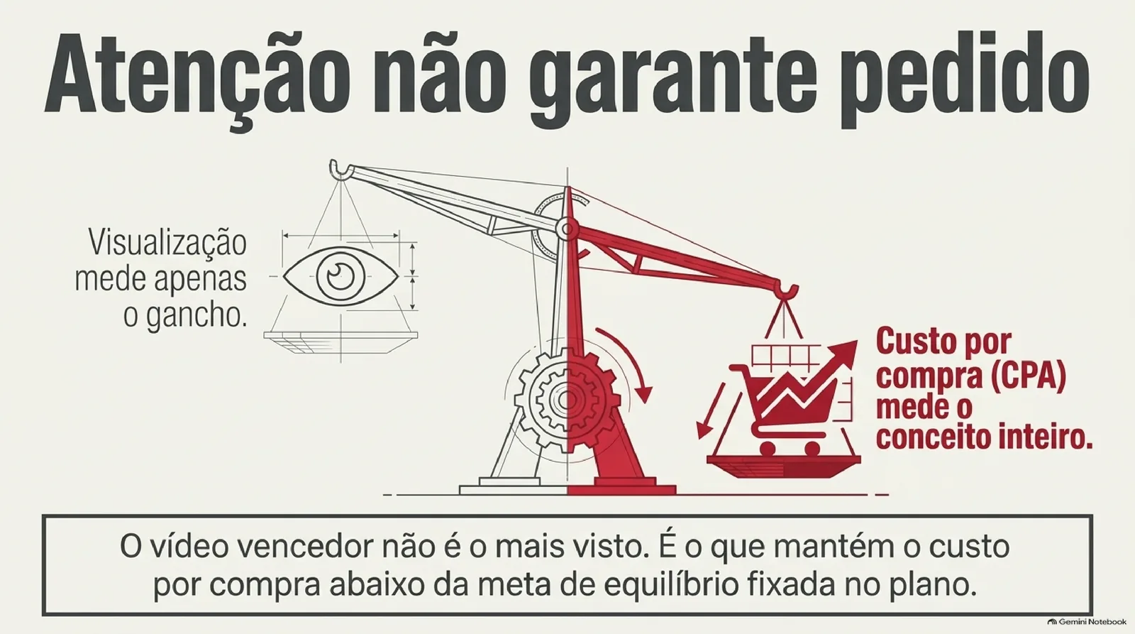 Ilustração de uma balança em forma de guindaste: de um lado, um olho indica que visualização mede apenas o gancho; do outro, em vermelho, um carrinho de compras indica que o custo por compra mede o conceito inteiro. Quadro no rodapé define o vídeo vencedor.