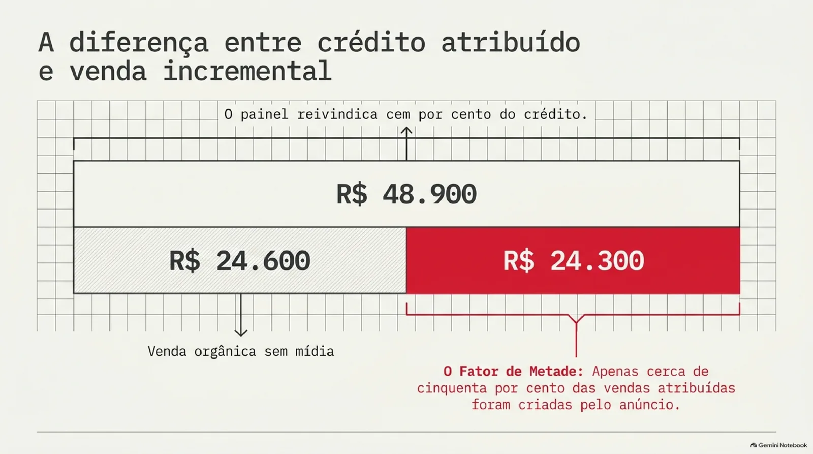 Barra de R$ 48.900 de GMV atribuído ao Product GMV Max dividida em duas partes: R$ 24.600 de venda que aconteceria sem mídia e R$ 24.300 de venda incremental em vermelho, com a nota de que só cerca de metade do atribuído foi criada pelo anúncio.