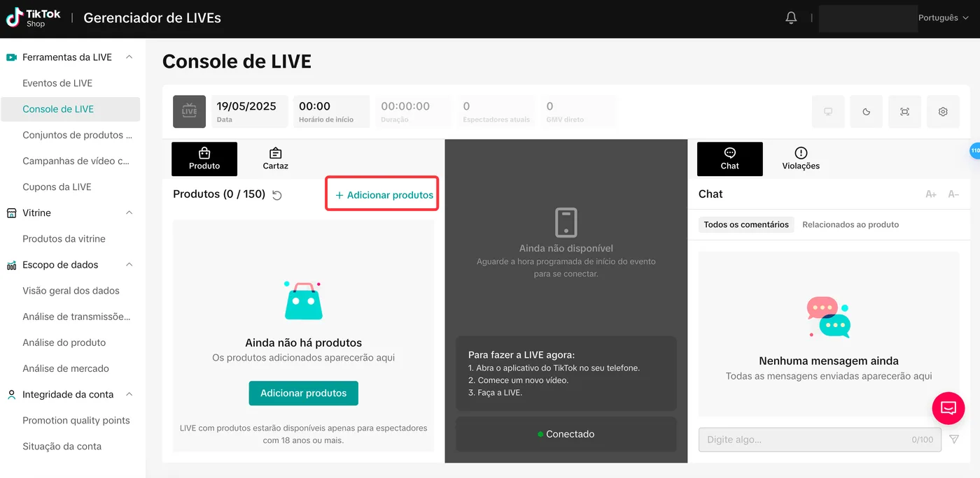 Console de LIVE do Gerenciador de LIVEs em português, com o menu Ferramentas da LIVE à esquerda listando Eventos de LIVE, Console de LIVE, Conjuntos de produtos e Cupons da LIVE, as abas Produto e Cartaz com o botão Adicionar produtos destacado em vermelho, a área central da transmissão e as abas Chat e Violações à direita.