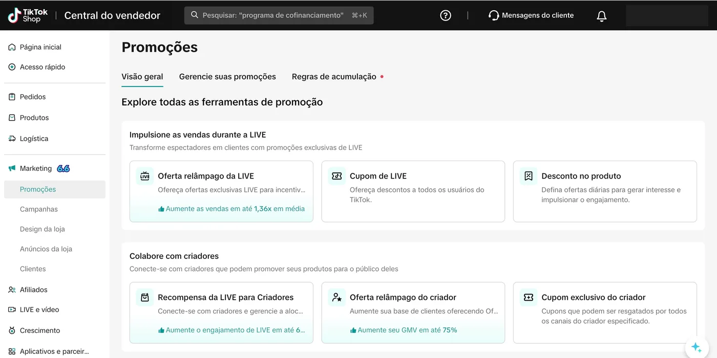 Página Promoções da Central do vendedor em português, aba Visão geral, com o bloco Impulsione as vendas durante a LIVE mostrando os cartões Oferta relâmpago da LIVE, Cupom de LIVE e Desconto no produto, e o bloco Colabore com criadores com Recompensa da LIVE para Criadores, Oferta relâmpago do criador e Cupom exclusivo do criador.