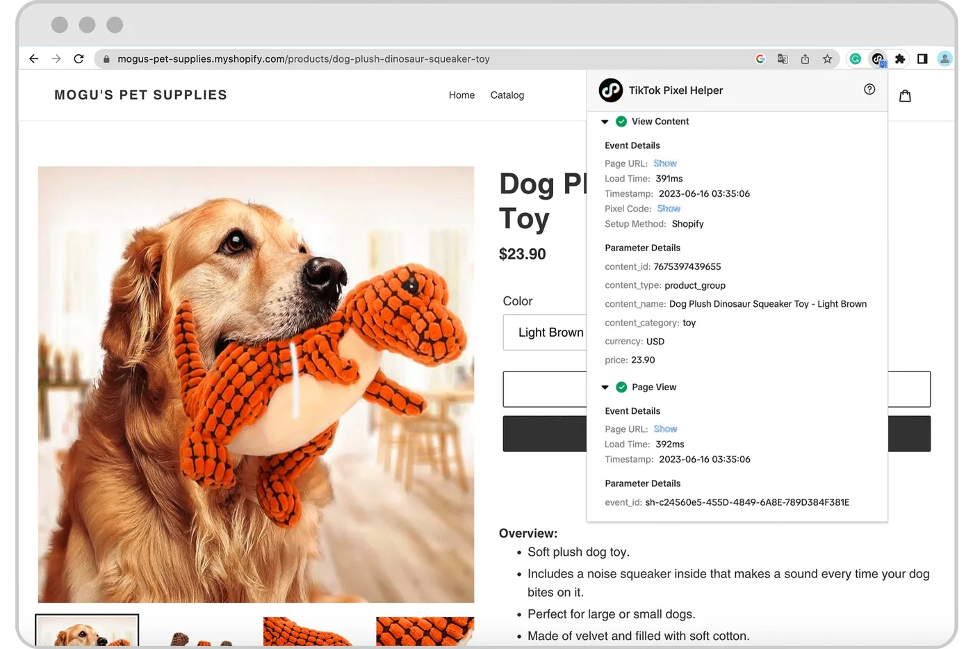 Janela da extensão TikTok Pixel Helper aberta sobre a página de produto de uma loja de demonstração, com os eventos View Content e Page View marcados em verde e, abaixo de cada um, os detalhes do evento e parâmetros como content_id, content_type, currency, price e event_id.