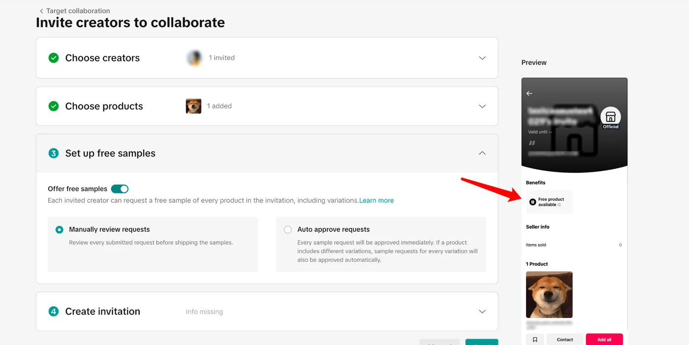 Tela Invite creators to collaborate da Central de afiliados com quatro etapas empilhadas: Choose creators com um criador convidado, Choose products com um produto adicionado, Set up free samples aberta com a chave Offer free samples ligada e as opções Manually review requests e Auto approve requests, e Create invitation; à direita, a prévia do convite que o criador vê.