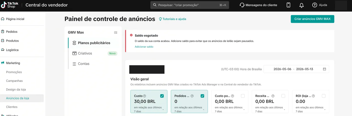 Painel de controle de anúncios da Central do vendedor em português, com o menu Marketing aberto e Anúncios da loja selecionado, o menu GMV Max com Planos publicitários, Criativos e Contas, o botão Criar anúncios GMV MAX no canto superior direito e os indicadores Custo, Pedidos, Custo por pedido, Receita e ROI da visão geral.