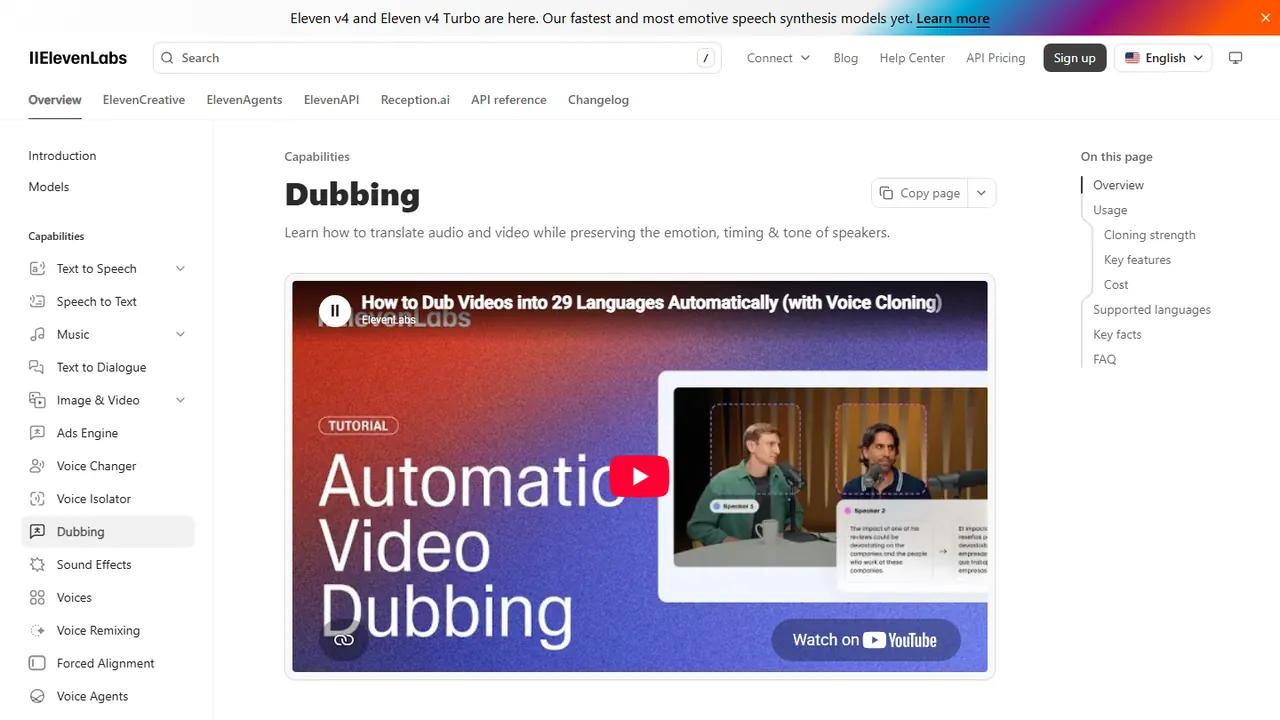 Documentação de dublagem da ElevenLabs com vídeo tutorial de dublagem automática