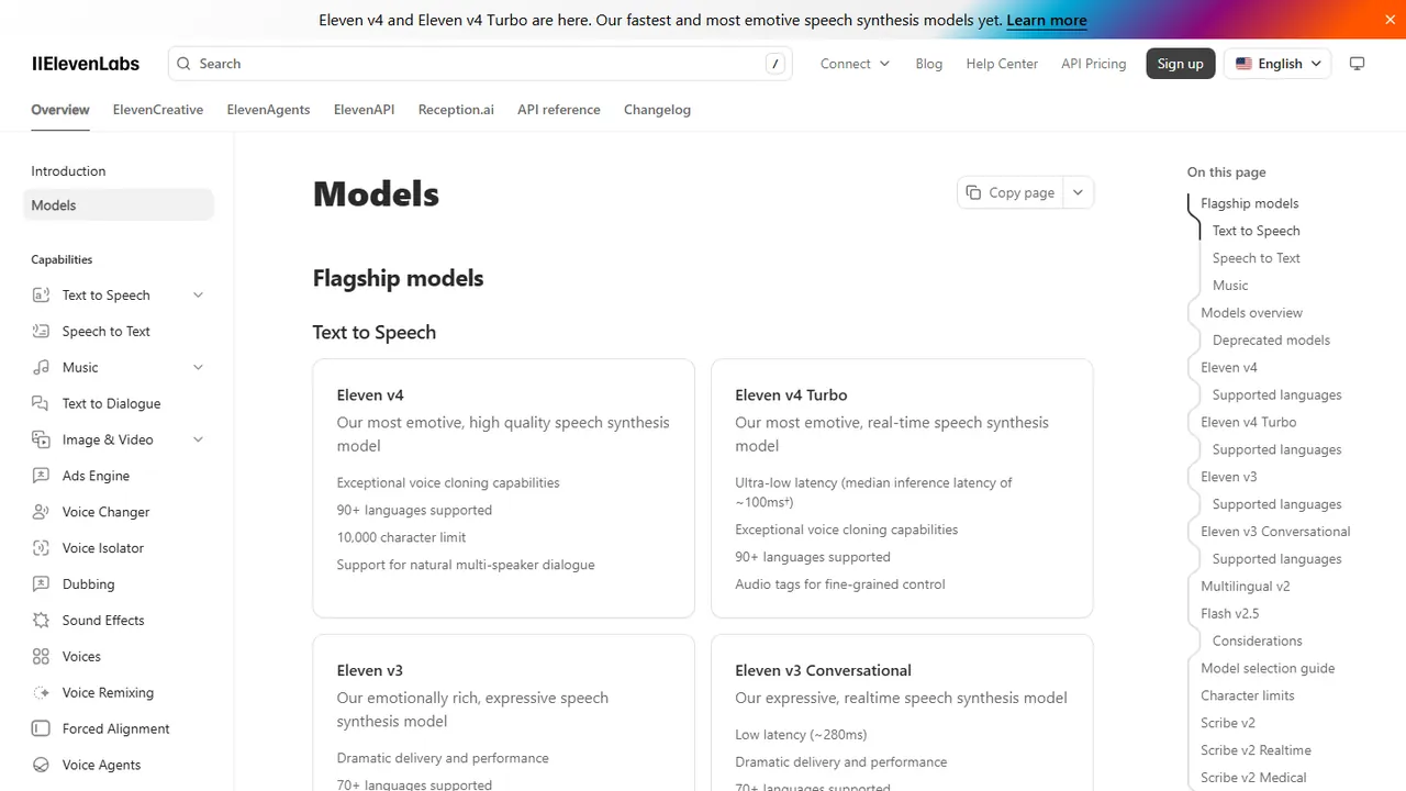 Documentação de modelos da ElevenLabs com os cartões Eleven v4 e Eleven v4 Turbo em destaque